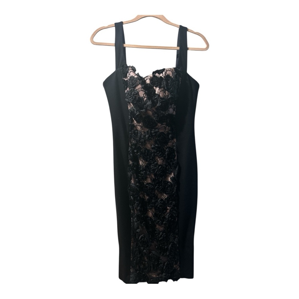 Elegant Black with Lace and roses /Rose Gold underlay Midi Dress